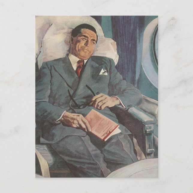 Vintage Business Travel, Reading on the Airplane Postcard (Front)