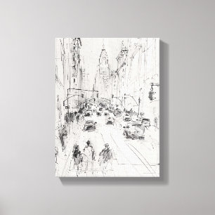 Vintage Busy City Street – Urban Illustration Canvas Print