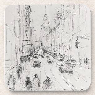 Vintage Busy City Street – Urban Illustration Coaster