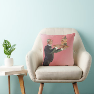 Vintage Butler in a Tuxedo Serving Wine on Tray Cushion