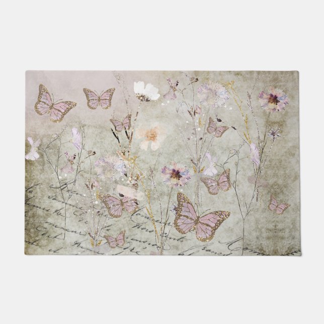 vintage butterflies and dried flowers doormat (Front)