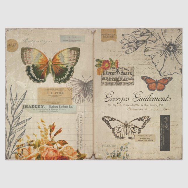Vintage Butterflies and Ephemera Decoupage Tissue Paper (Front)
