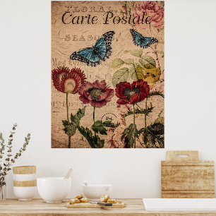 Vintage Butterflies and Flowers French Floral  Poster