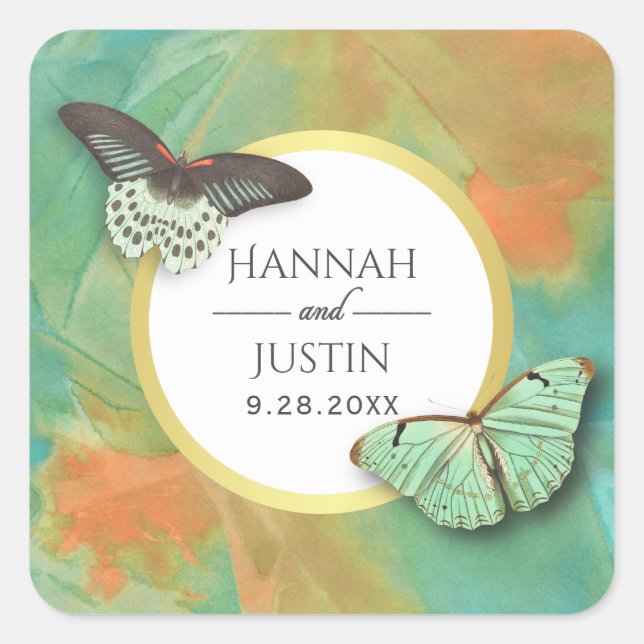 Vintage Butterflies and Southwest Colours Wedding Square Sticker (Front)