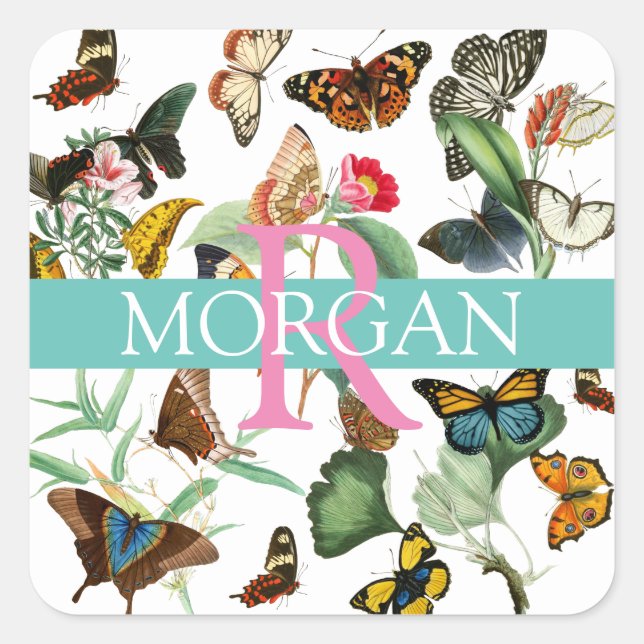 Vintage Butterflies, DIY Monogram & Name, Teal Square Sticker (Front)