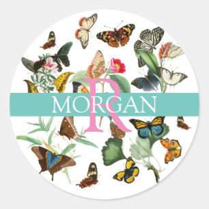 Vintage Butterflies DIY Monogram & Name Teal/White Classic Round Sticker