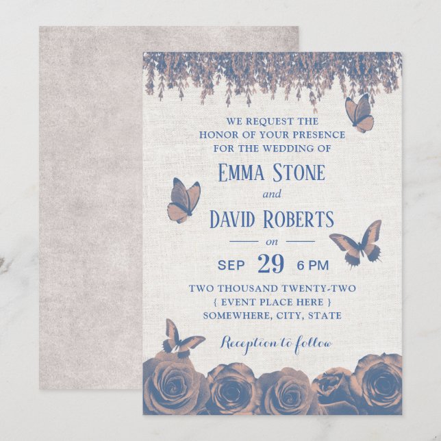 Vintage Butterflies Dusty Blue Floral Wedding Invitation (Front/Back)