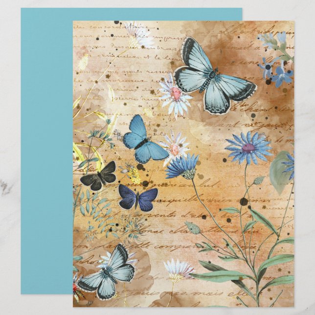 Vintage Butterflies Floral Collage Scrapbook Paper (Front/Back)
