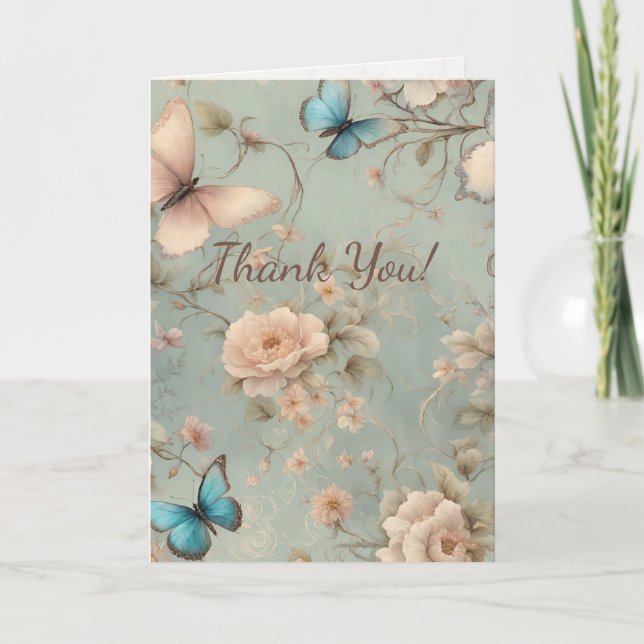 Vintage Butterflies Floral Thank You Wedding Card  (Front)