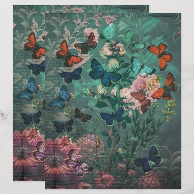 Vintage Butterflies & Flowers Blue Scrapbook Paper (Front/Back)