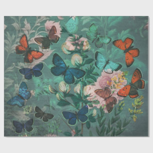 Vintage Butterflies & Flowers Blue  Wrapping Paper