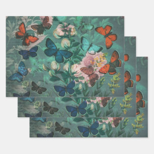 Vintage Butterflies & Flowers Blue  Wrapping Paper Sheet