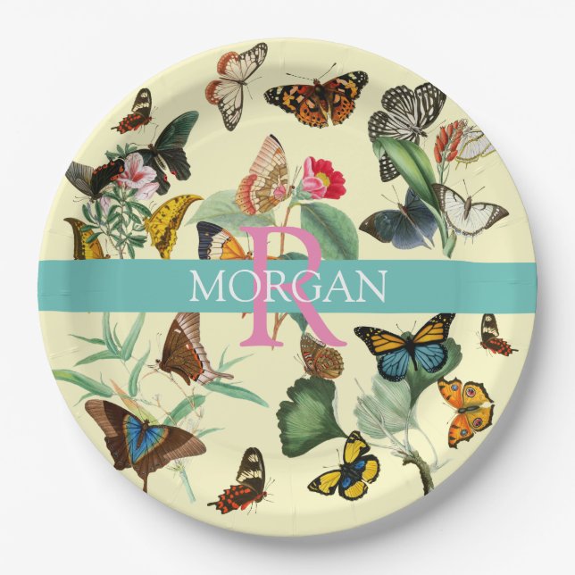 Vintage Butterflies, Monogram & Name, Pale Yellow Paper Plate (Front)