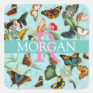 Vintage Butterflies, Monogram & Name, Teal & Gold Square Sticker