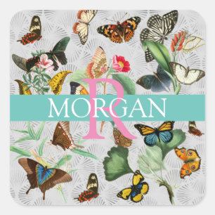 Vintage Butterflies, Monogram & Name, Teal & Grey Square Sticker
