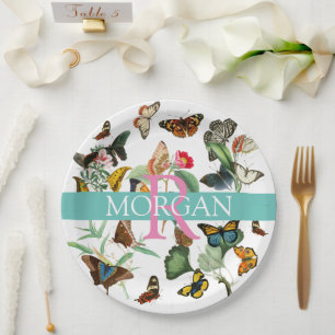 Vintage Butterflies, Monogram & Name, Teal & White Paper Plate
