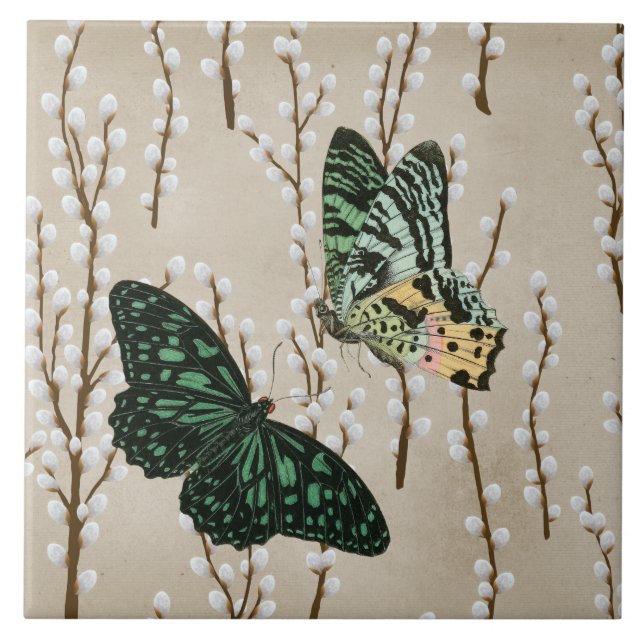 Vintage Butterflies on White Willow Catkins Tile (Front)