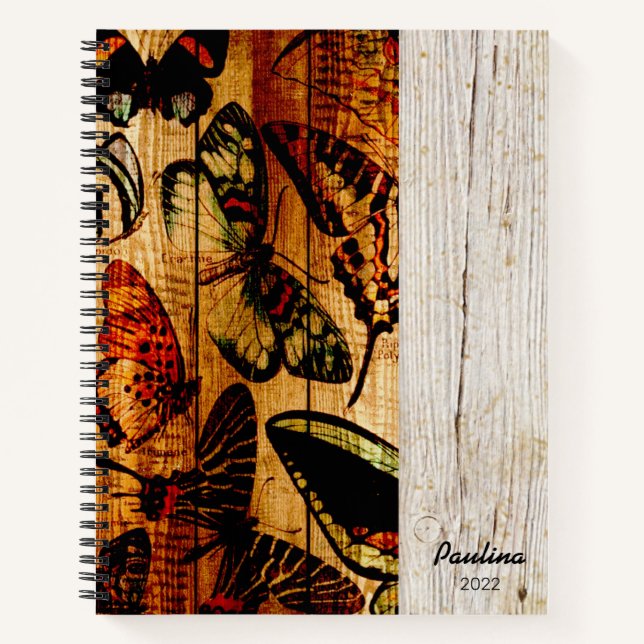 Vintage Butterflies on wood sepia personalised  Notebook (Front)