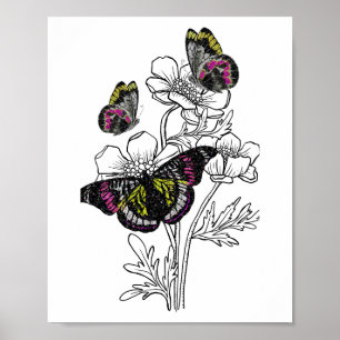 Vintage butterfly , aesthetic flowers poster