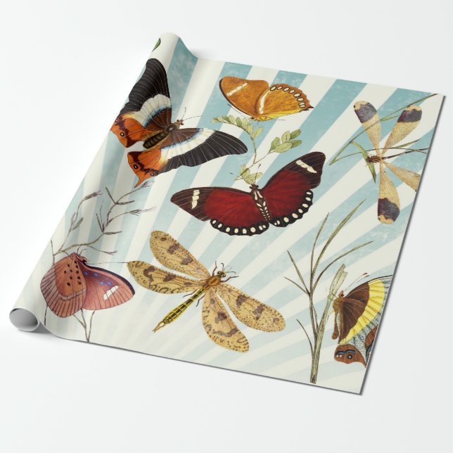 Vintage Butterfly and Dragonfly Wrapping Paper (Unrolled)