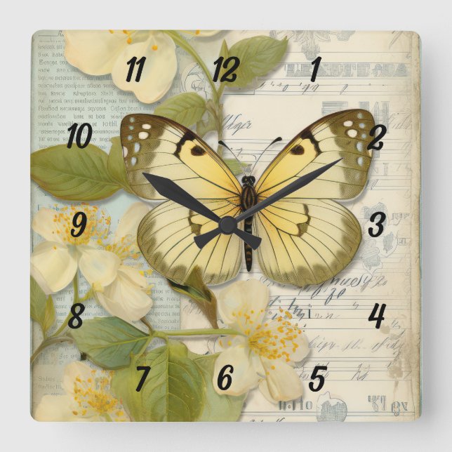Vintage Butterfly and Flowers Square Wall Clock (Front)