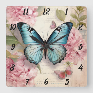 Vintage Butterfly and Flowers Square Wall Clock
