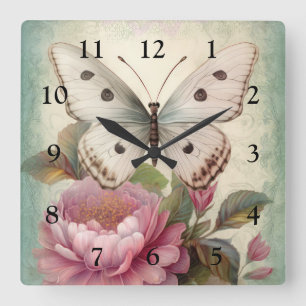 Vintage Butterfly and Flowers Square Wall Clock