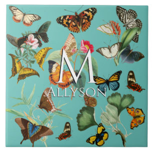 Vintage Butterfly Art, Many Kinds on Teal Tile