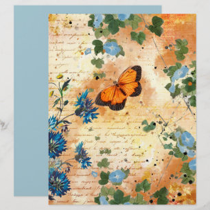 Vintage Butterfly Blue Flowers Scrapbook Paper