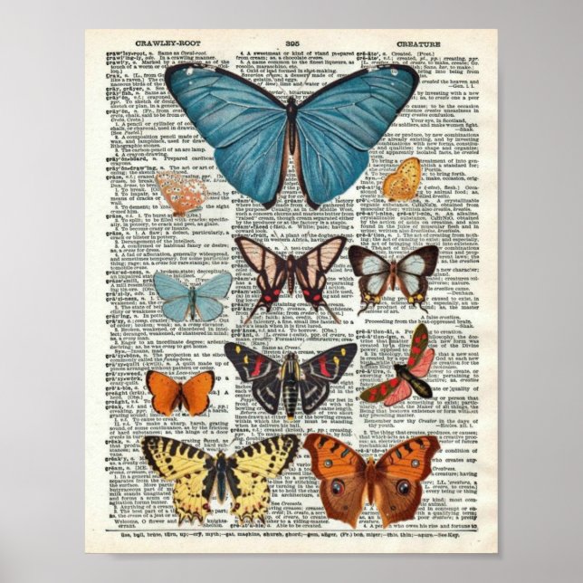 Vintage Butterfly Botanical #2 on Dictionary Page Poster (Front)