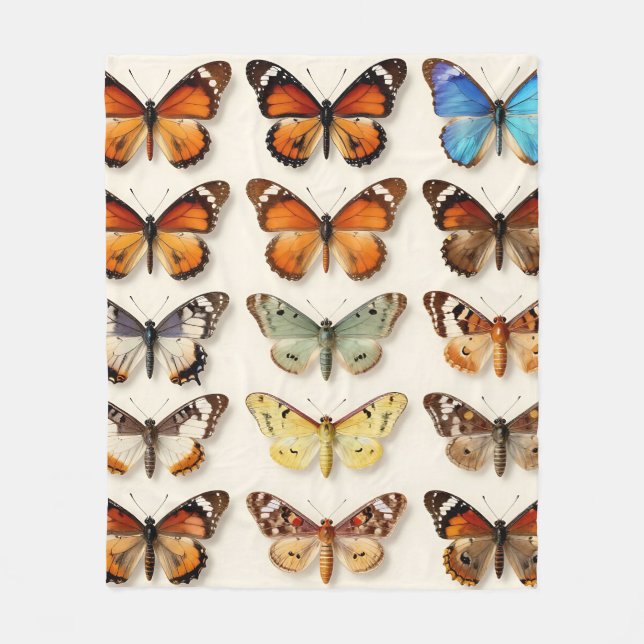 Vintage Butterfly Collection Grid Display Fleece Blanket (Front)