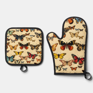 Vintage Butterfly Collection Pattern Oven Mitt & Pot Holder Set