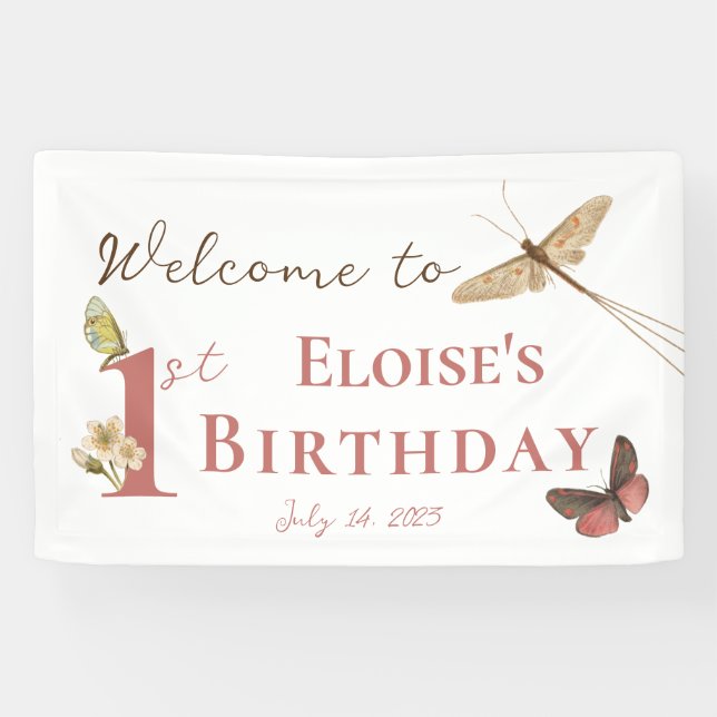 Vintage Butterfly Custom Name 1st Birthday Girl Banner (Horizontal)