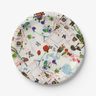Vintage Butterfly Floral Paris Street Watercolor Paper Plate