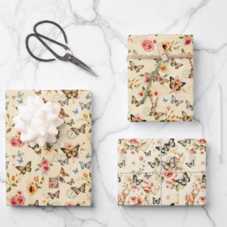 Vintage Butterfly & Flowers 3 Flat Sheet Gift Wrap