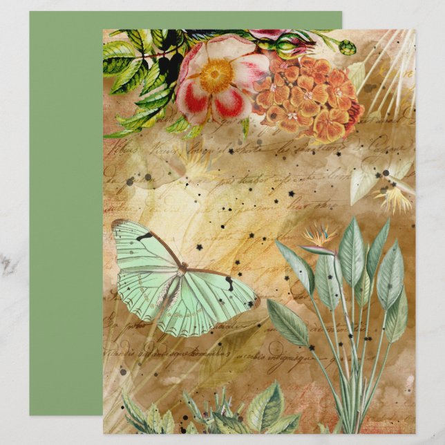 Vintage Butterfly Flowers Foliage Scrapbook Paper (Front/Back)