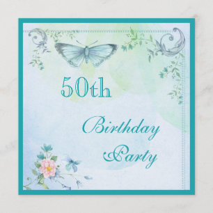 Vintage Butterfly, Flowers & Swirls 50th Birthday Invitation
