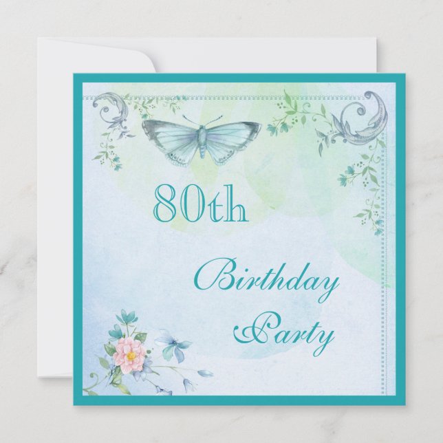 Vintage Butterfly, Flowers & Swirls 80th Birthday Invitation (Front)