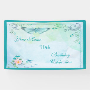 Vintage Butterfly, Flowers & Swirls 90th Birthday Banner