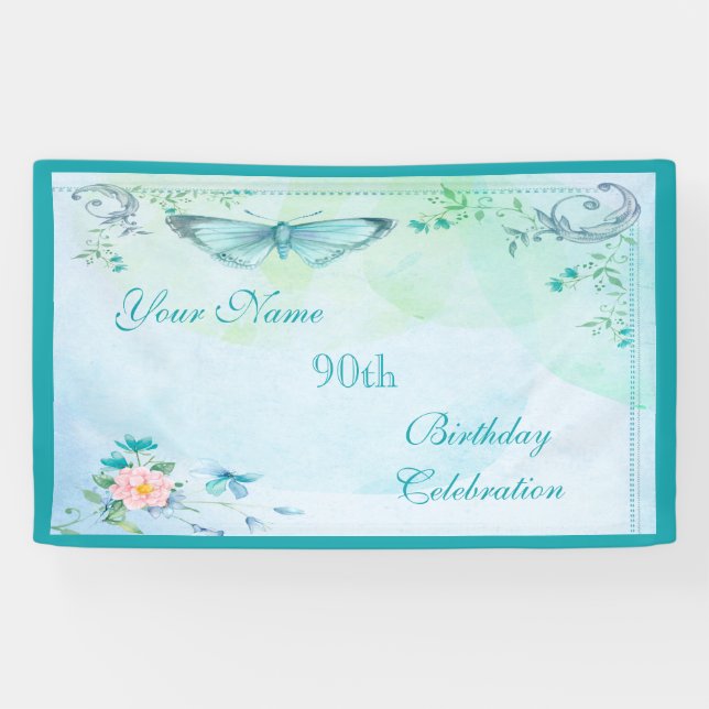 Vintage Butterfly, Flowers & Swirls 90th Birthday Banner (Horizontal)