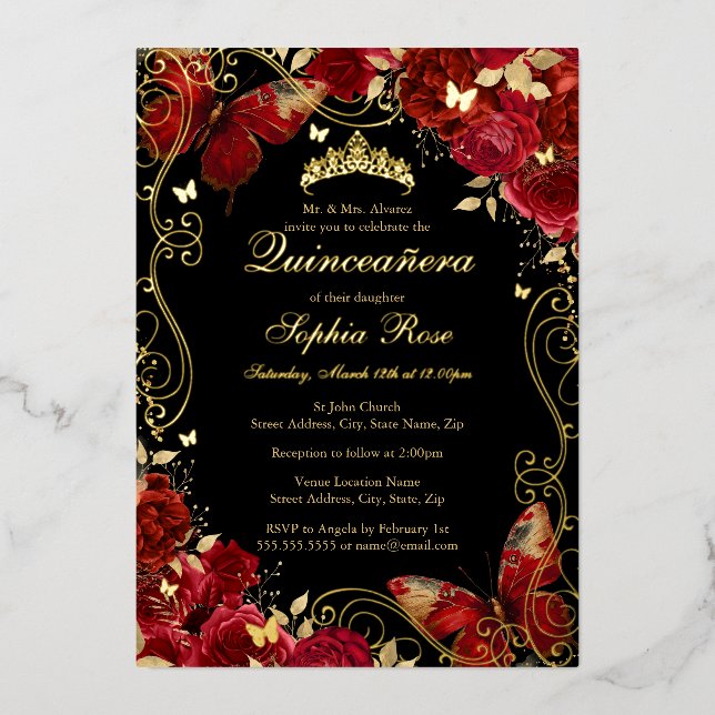 Vintage Butterfly Gold Red Floral Quinceanera  (Front)