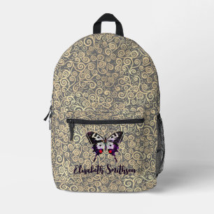 Vintage Butterfly Grey & Gold Swirls Add Your Name Printed Backpack