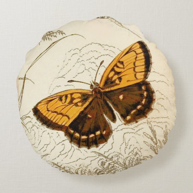 Vintage Butterfly Illustration, Gold and Brown Round Cushion (Back)