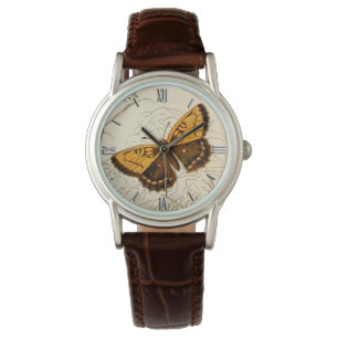Vintage Butterfly Illustration, Gold and Brown Watch