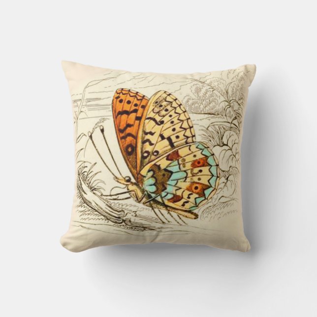 Vintage Butterfly Illustration, Orange and Beige Cushion (Front)