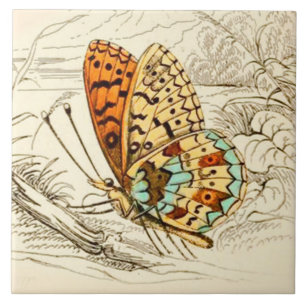 Vintage Butterfly Illustration, Orange and Beige Tile