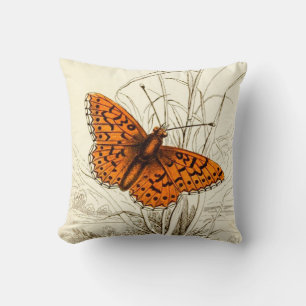 Vintage Butterfly Illustration, Orange and Black Cushion