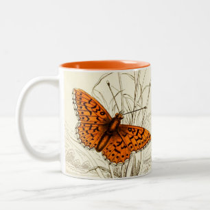 Vintage Butterfly Illustration, Orange and Brown Two-Tone Coffee Mug