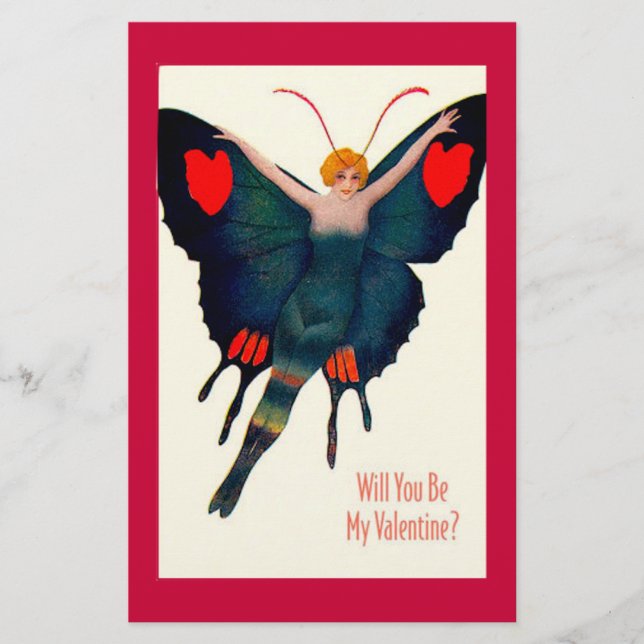 Vintage Butterfly Lady Valentine Stationery (Front)
