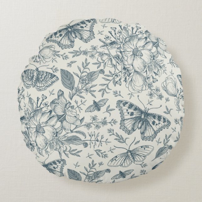Vintage Butterfly, Luna Moth and Flowers  Round Cushion (Front)